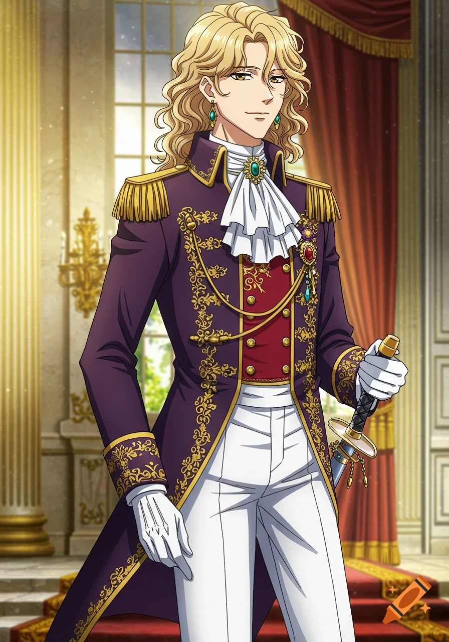 Anime portrait of a young male noble with blonde hair, amber eyes, wearing an ornate purple coat, holding a sword in a royal hall.