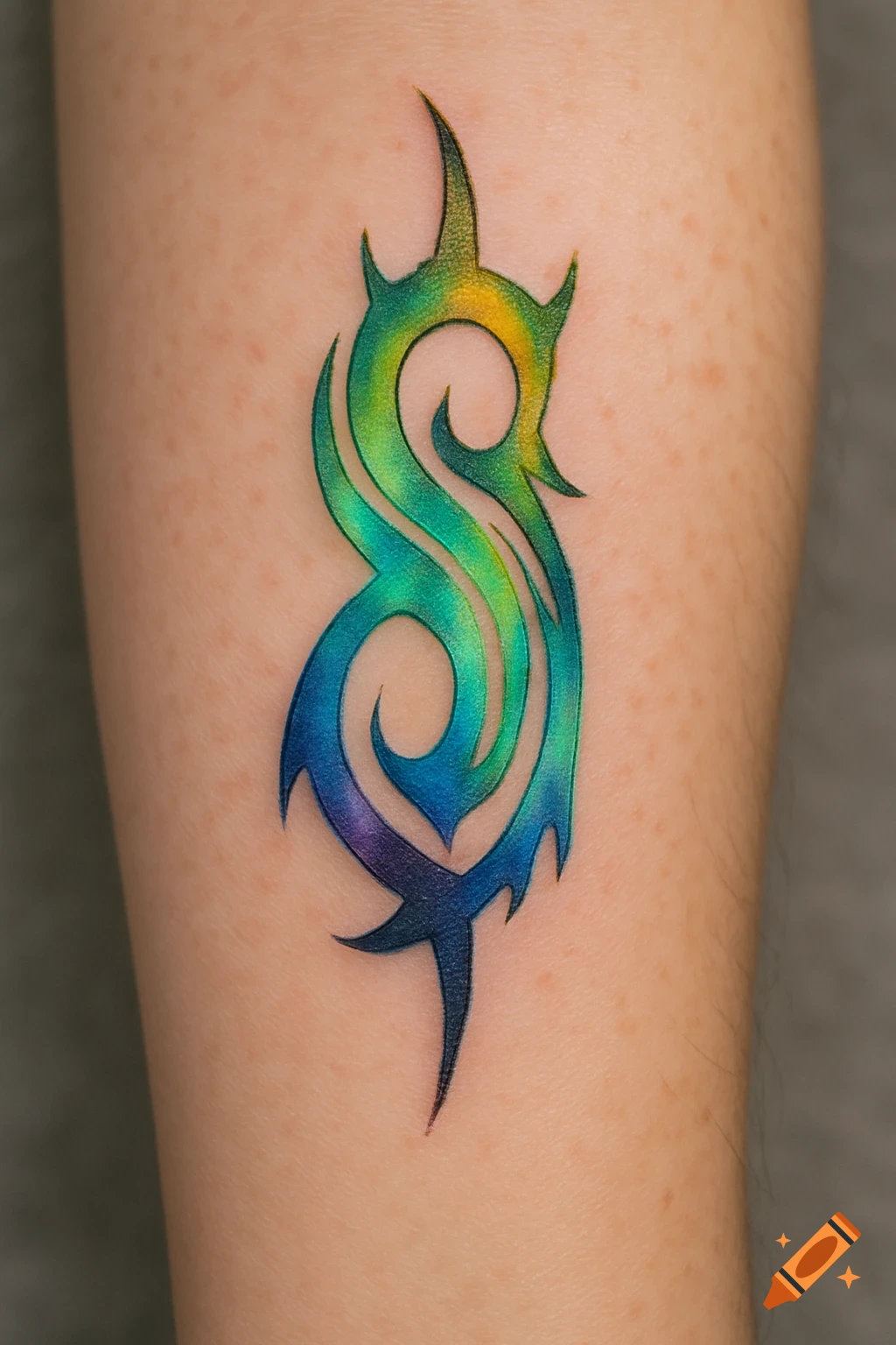 Tribal S logo tattoo with green and blue gradient colors on skin