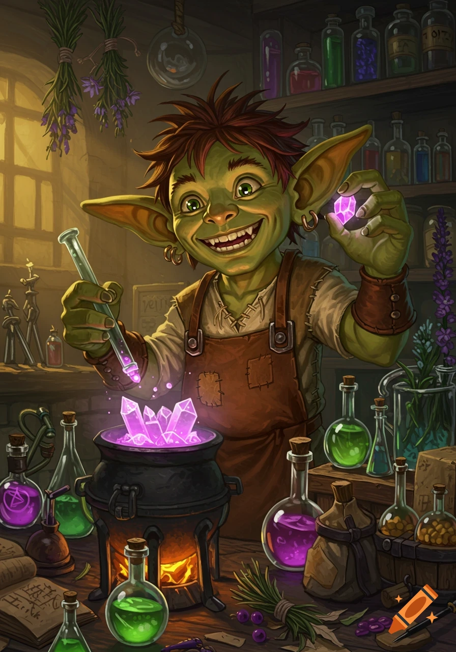A smiling goblin alchemist holds a glowing purple crystal and a test tube in a potion-filled laboratory with a bubbling cauldron.