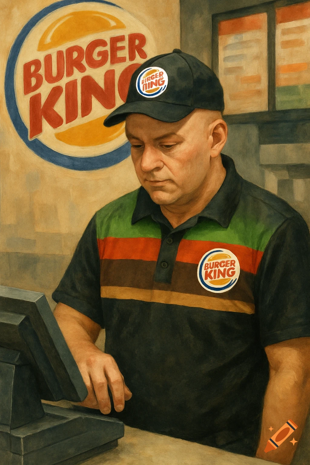A bald man in a Burger King uniform works at a counter, with the Burger King logo in the background. The image is rendered in a painterly style.