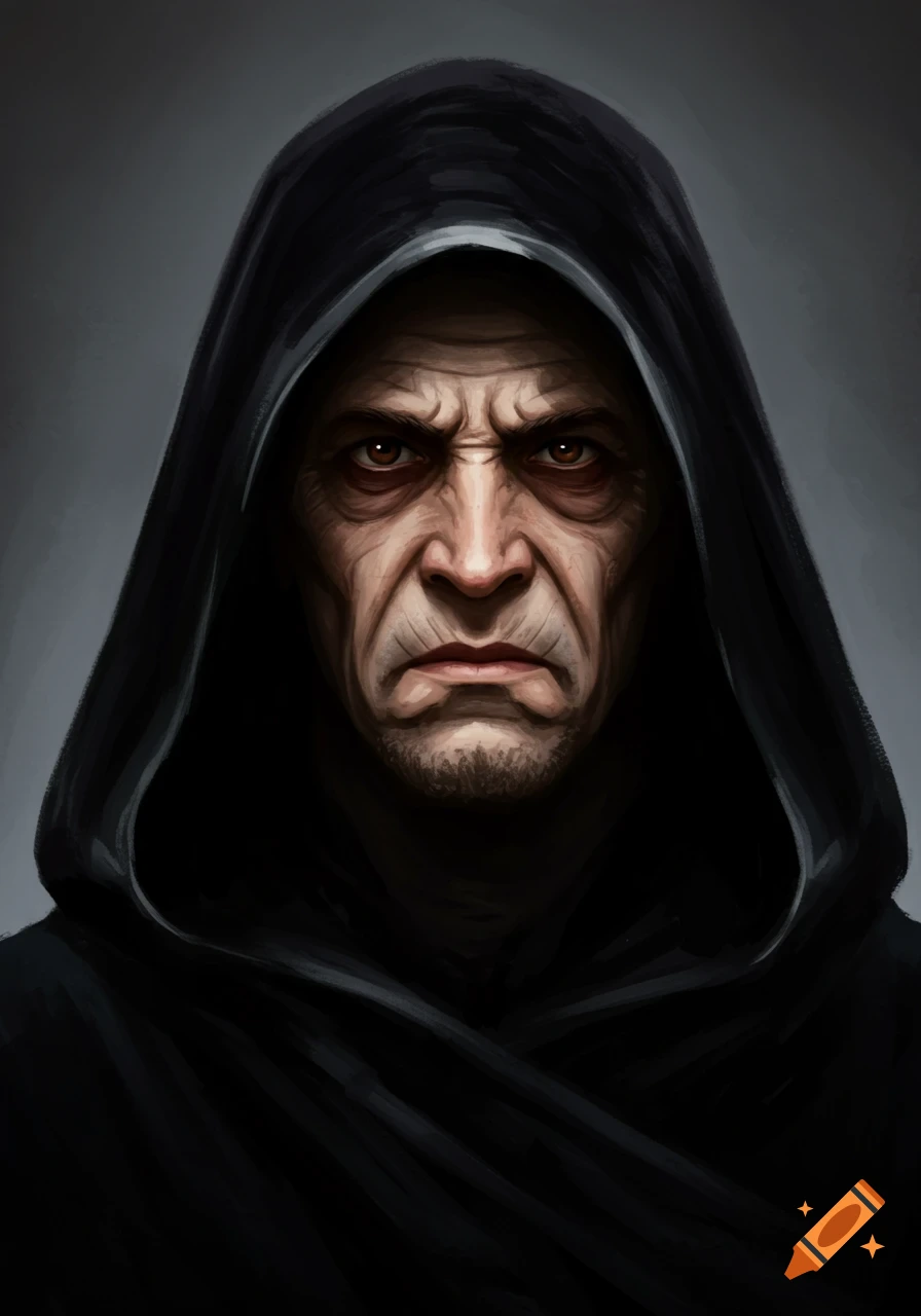 Digital painting close-up portrait of an older man with dark eyes, wrinkles, and a stern expression, wearing a black hood.