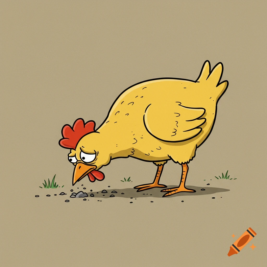 A cartoon chicken with wide eyes pecking at stones and grass on the ground.