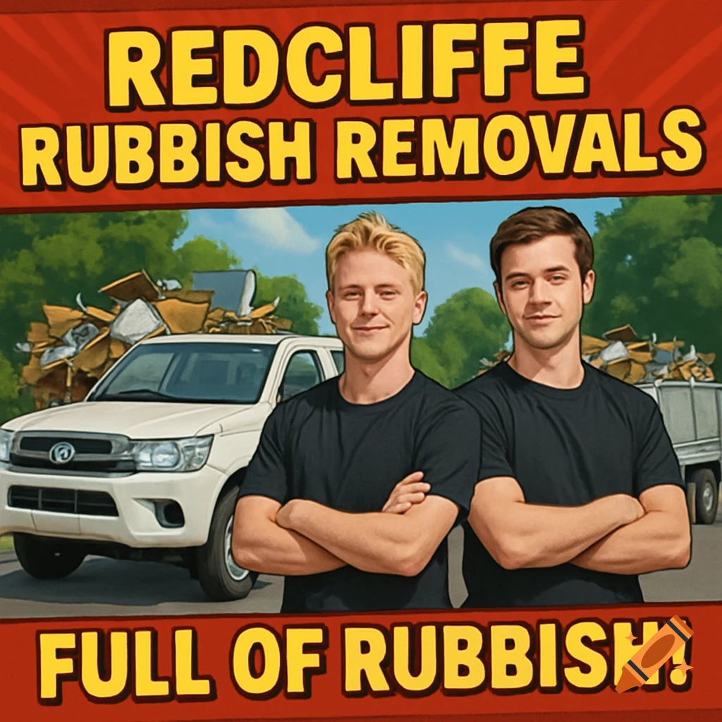 Two men in black shirts stand in front of a truck and trailer full of rubbish. Text: REDCLIFFE RUBBISH REMOVALS, FULL OF RUBBISH!