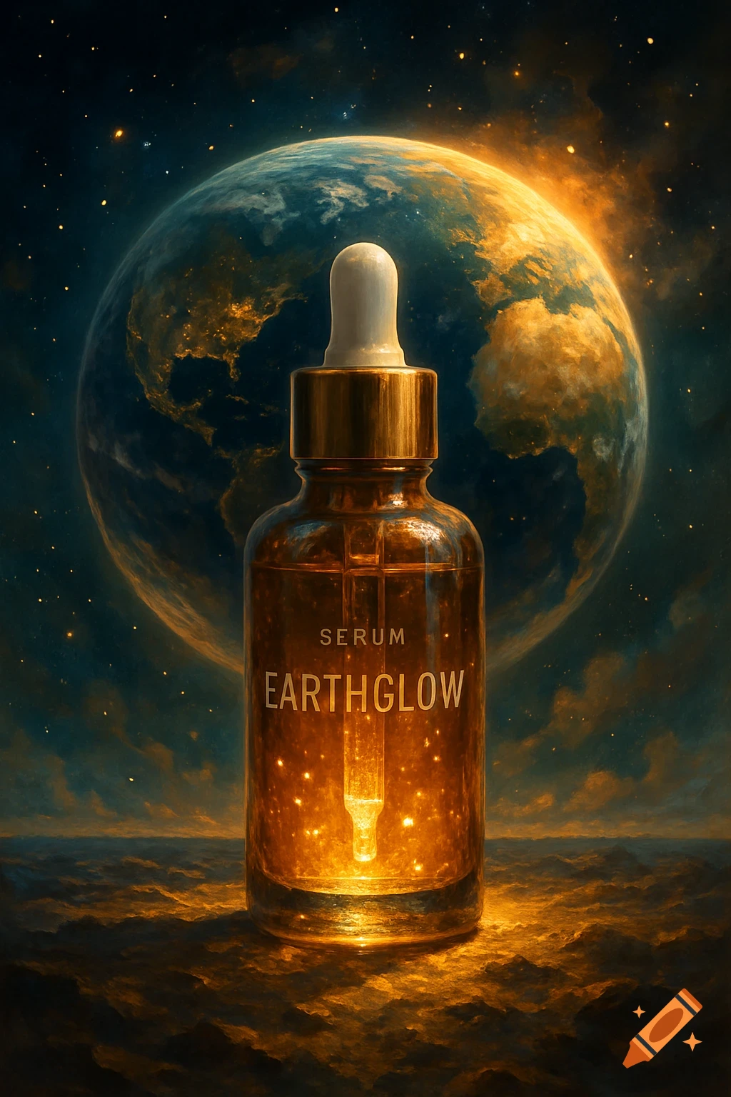 A serum bottle with 'EARTHGLOW' label against a background of Earth and space.