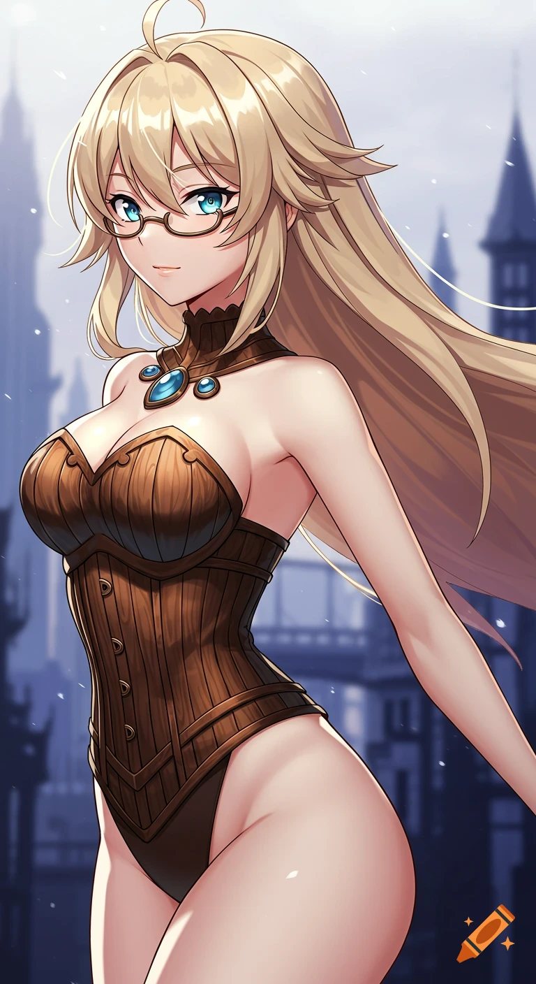 Anime girl with long blonde hair, blue eyes, and glasses, wearing a wood grain corset in front of a blurred city.