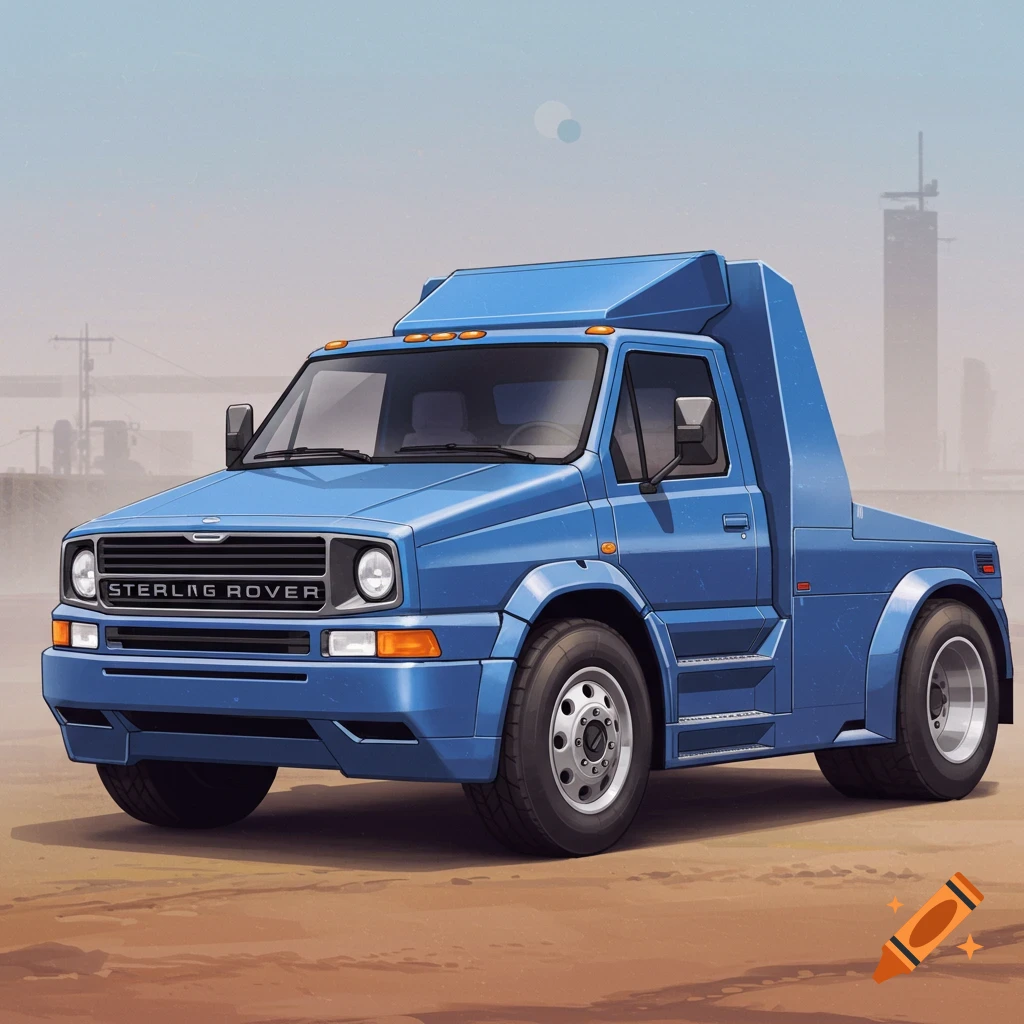 Illustration of a blue truck with a tall cab, styled like a 1980s Sterling Rover, in a dusty setting.