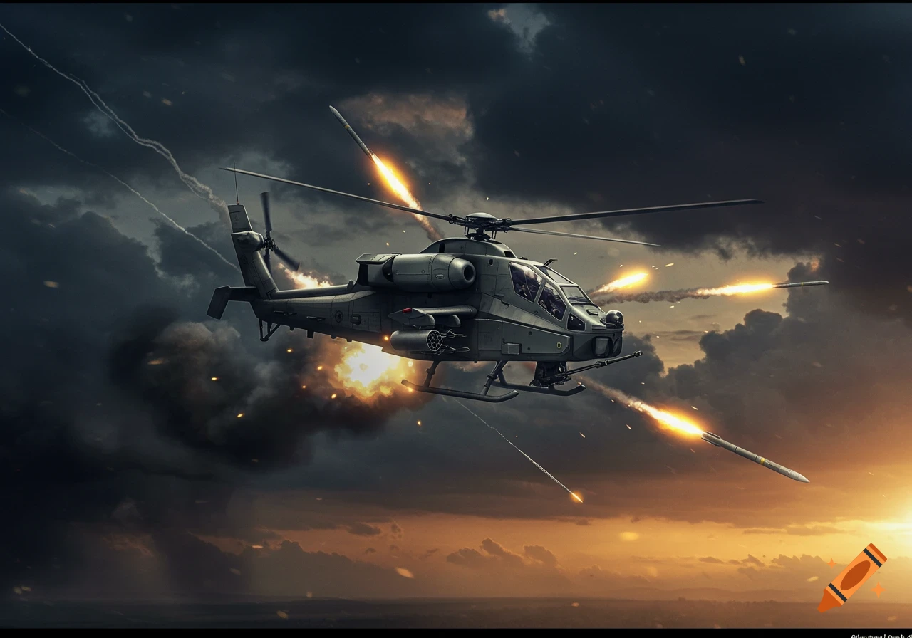 A photorealistic military helicopter fires missiles during a cloudy sunset or dawn, with explosions and smoke trails.
