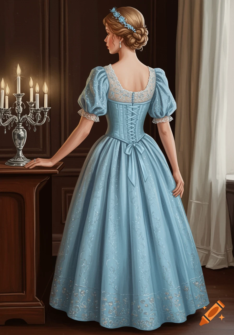 A woman in a sky blue Victorian dress with silver embroidery stands indoors, her hand resting on a table next to a candelabra.