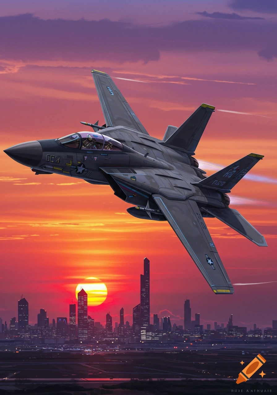 A futuristic military jet flies over a city skyline at sunset.