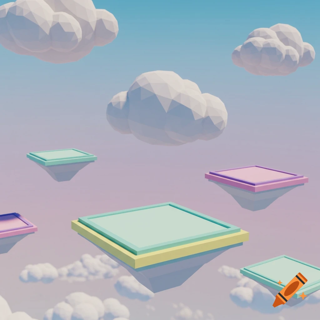 Low-poly floating platforms and clouds in a colorful sky