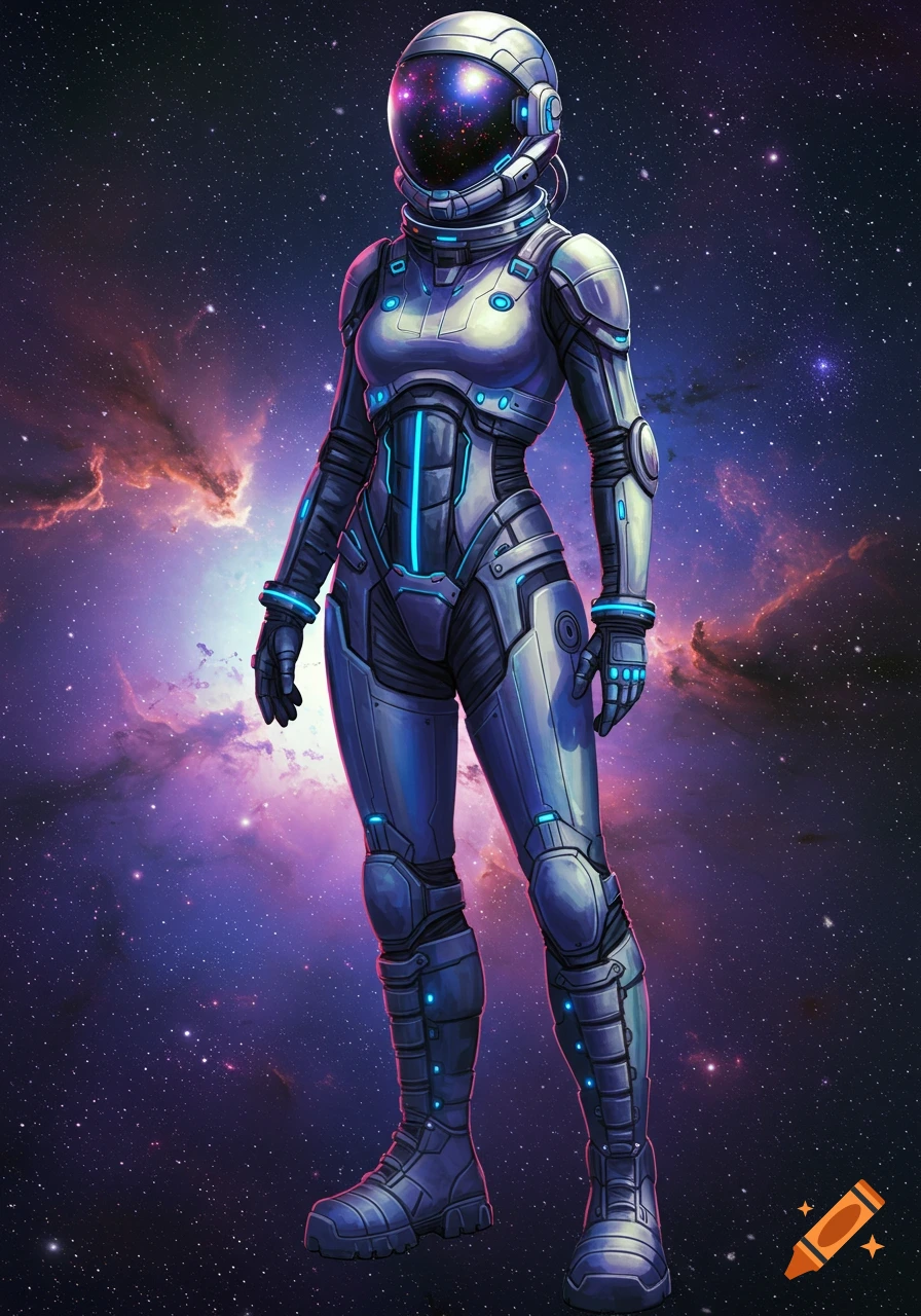 A figure in a futuristic spacesuit stands against a galaxy background.