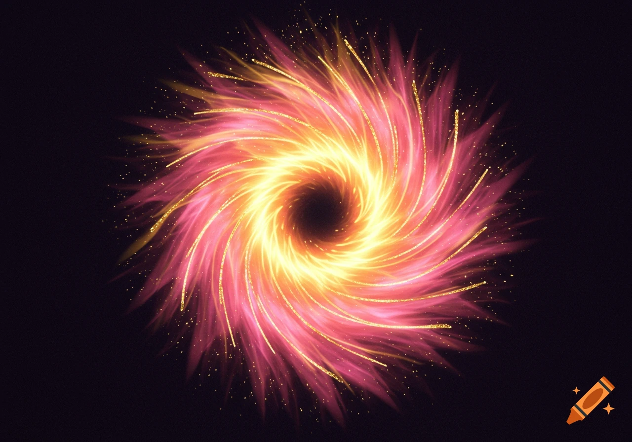 A vibrant swirling vortex of yellow, orange, and pink light, emanating from a dark center, with golden glitter specks.