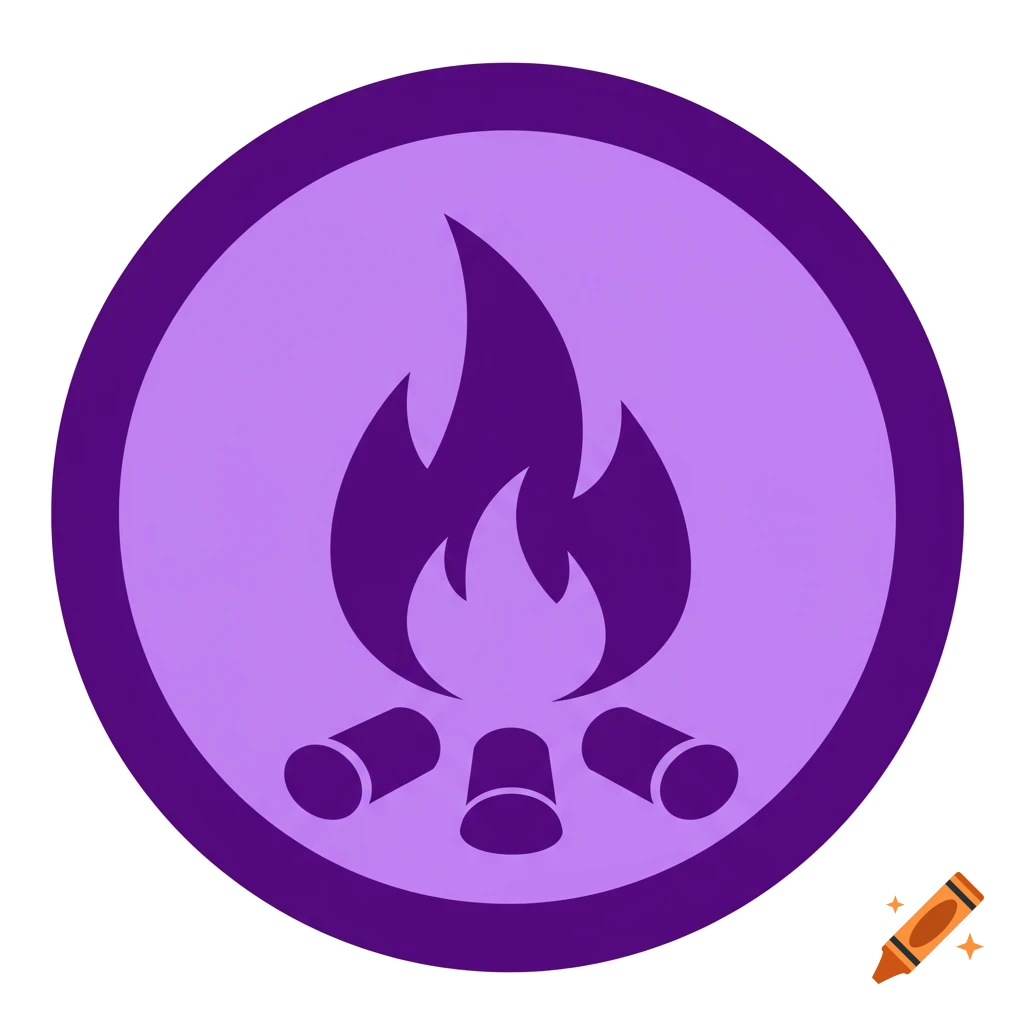 A purple icon depicting a stylized campfire with flames and three logs, set within a dark purple circle.
