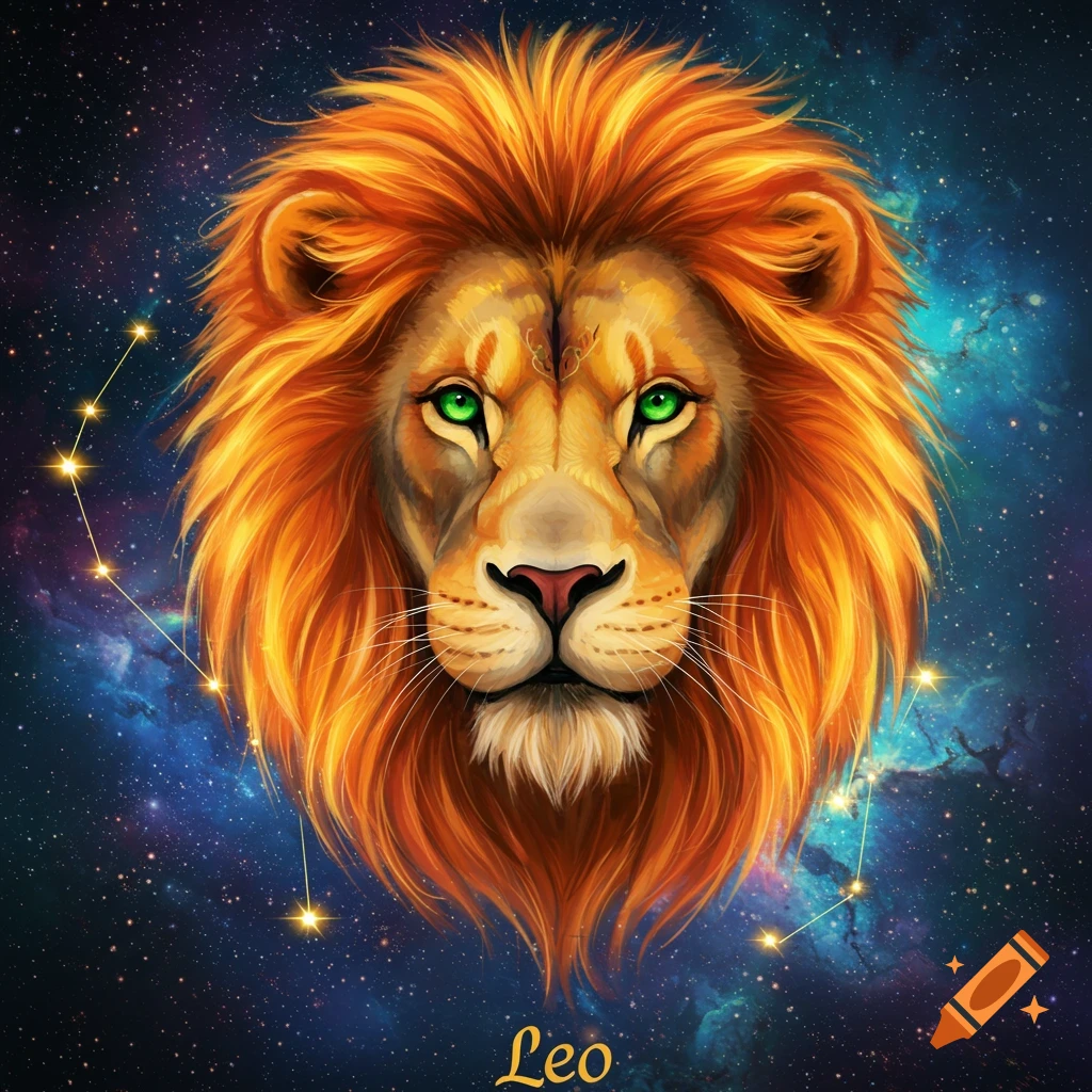 A stylized close-up of a lion's head with bright green eyes against a cosmic background with the Leo constellation and the word 'Leo'.