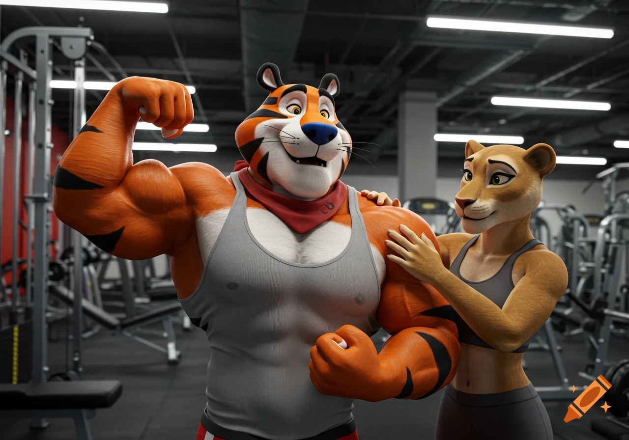 Tony the Tiger flexing at a gym while an anthropomorphic lioness touches his arm, 3D illustration.
