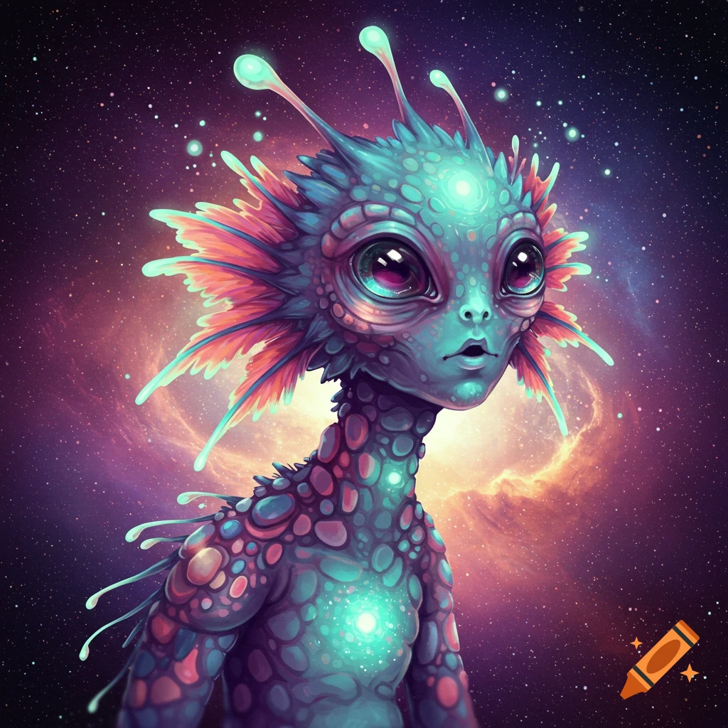 A vibrant, wide-eyed alien creature with teal skin and pink fins, set against a swirling galaxy in a dreamcore style.