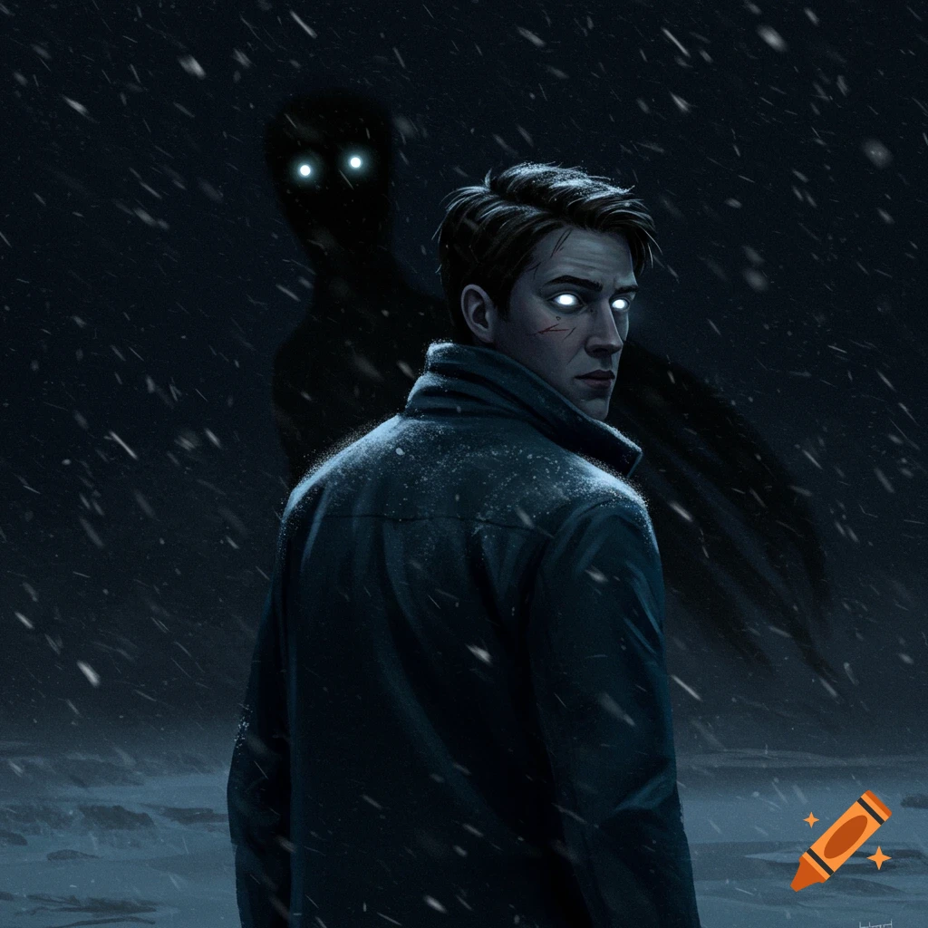 A man with glowing eyes looks over his shoulder at a dark figure behind him in a snowy night.