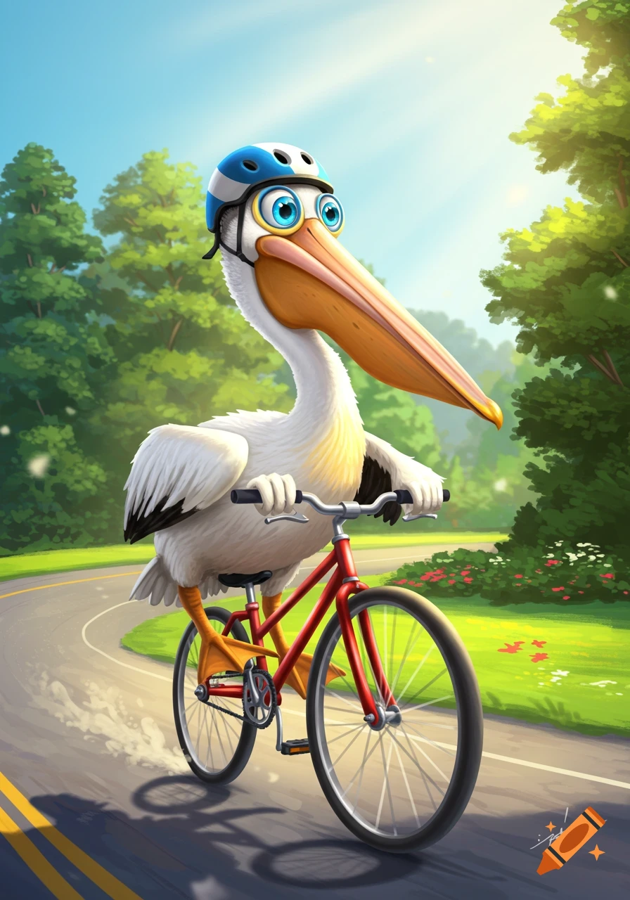 A cartoon pelican wearing a blue and white helmet rides a red bicycle down a paved road surrounded by green trees.