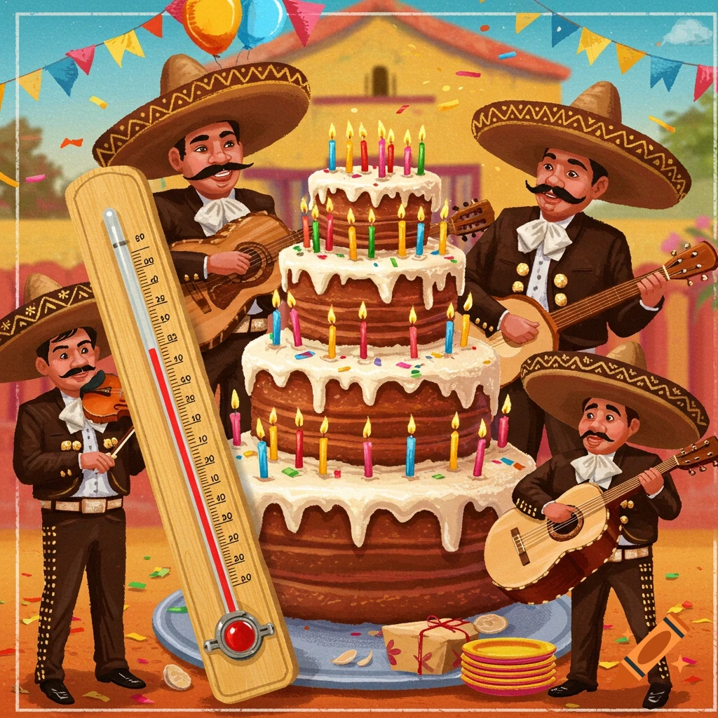 Cartoon mariachis play music around a giant birthday cake with a thermometer in the foreground.