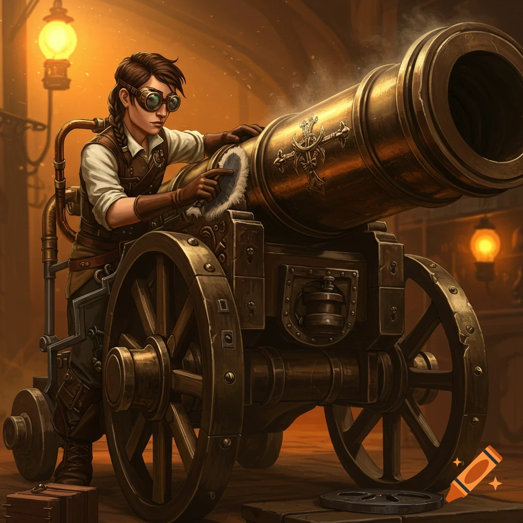 A person in steampunk attire is dusting off a large brass cannon, set in a dimly lit, industrial-looking room.