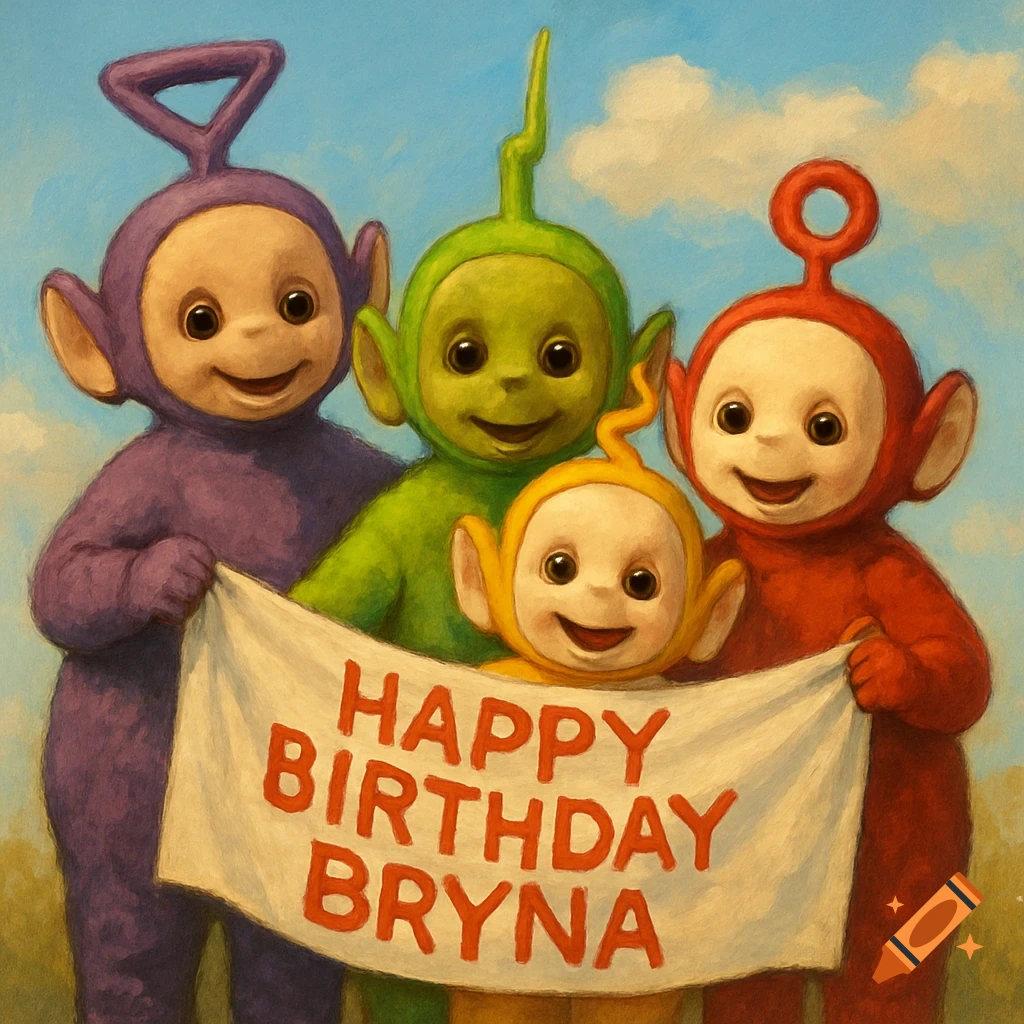 Four Teletubbies hold a banner that reads 'HAPPY BIRTHDAY BRYNA' in a painterly style.