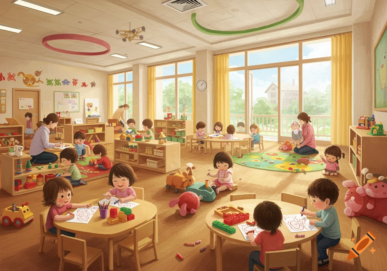 An illustration of a busy daycare classroom with children drawing, playing, and interacting with teachers.