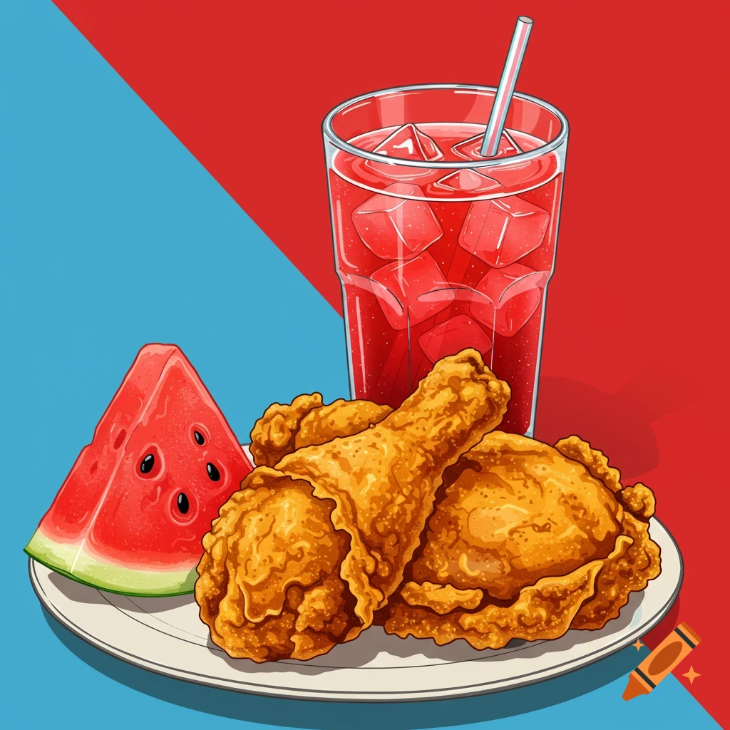 An illustration of fried chicken, a watermelon slice, and a red drink on a plate against a split red and blue background.
