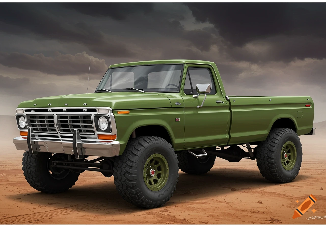 A military green 1970s Ford F-150 4x4 pickup truck parked on a sandy terrain under a cloudy sky.