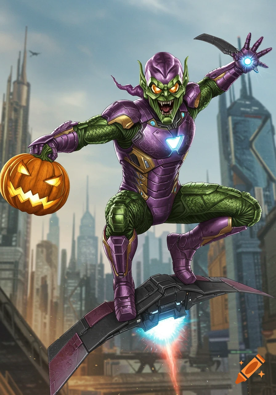 A green-skinned character resembling Green Goblin in a purple and gold Iron Man-style suit, holding a glowing jack-o'-lantern while riding a glider over a futuristic cityscape.