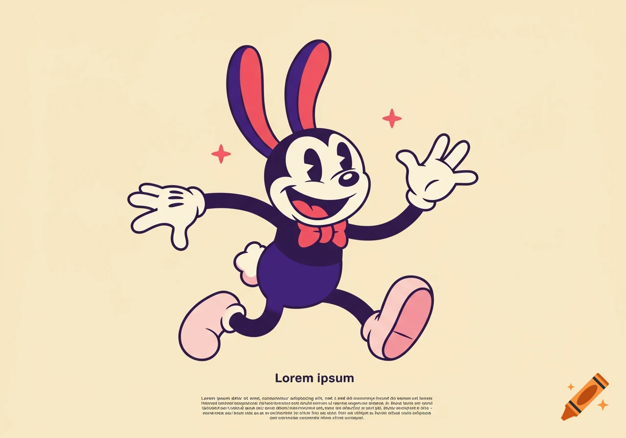 A retro cartoon bunny character with a big smile, a red bow tie, and pink ears and feet, running on a beige background.