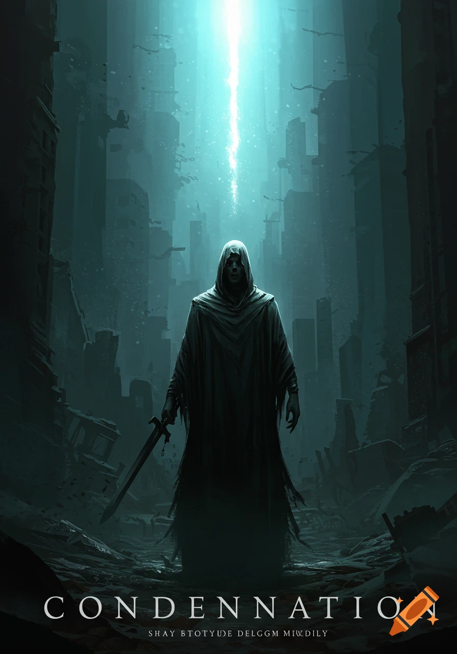A hooded figure holding a sword stands in a ruined city under a bright beam of light. The word 'CONDEMNATION' is at the bottom.