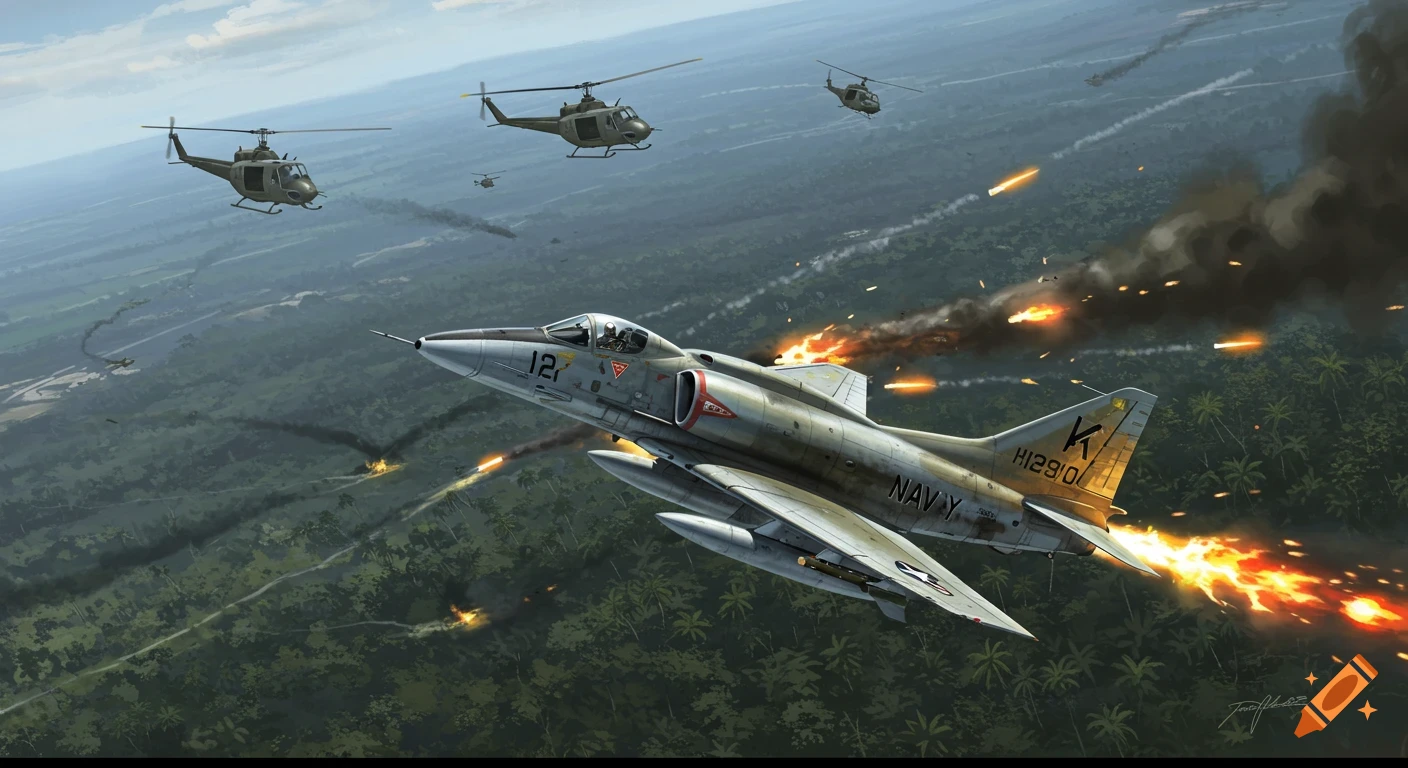 A Douglas A-4C Skyhawk jet fires napalm over a jungle, with Huey helicopters flying in the background, depicting a Vietnam War scene.