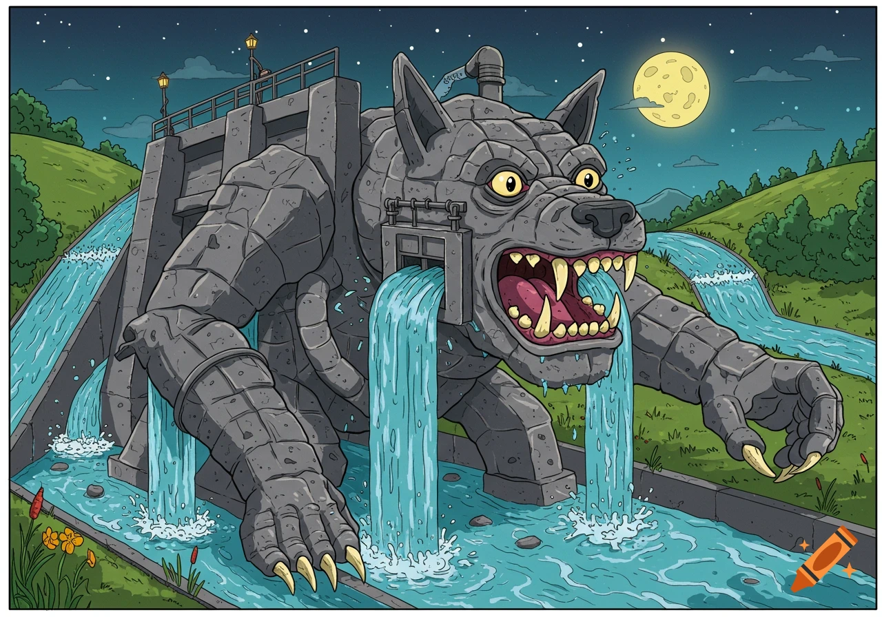Cartoon illustration of a giant stone weirwolf, a wolf-dam hybrid, gushing water into a river under a full moon at night.