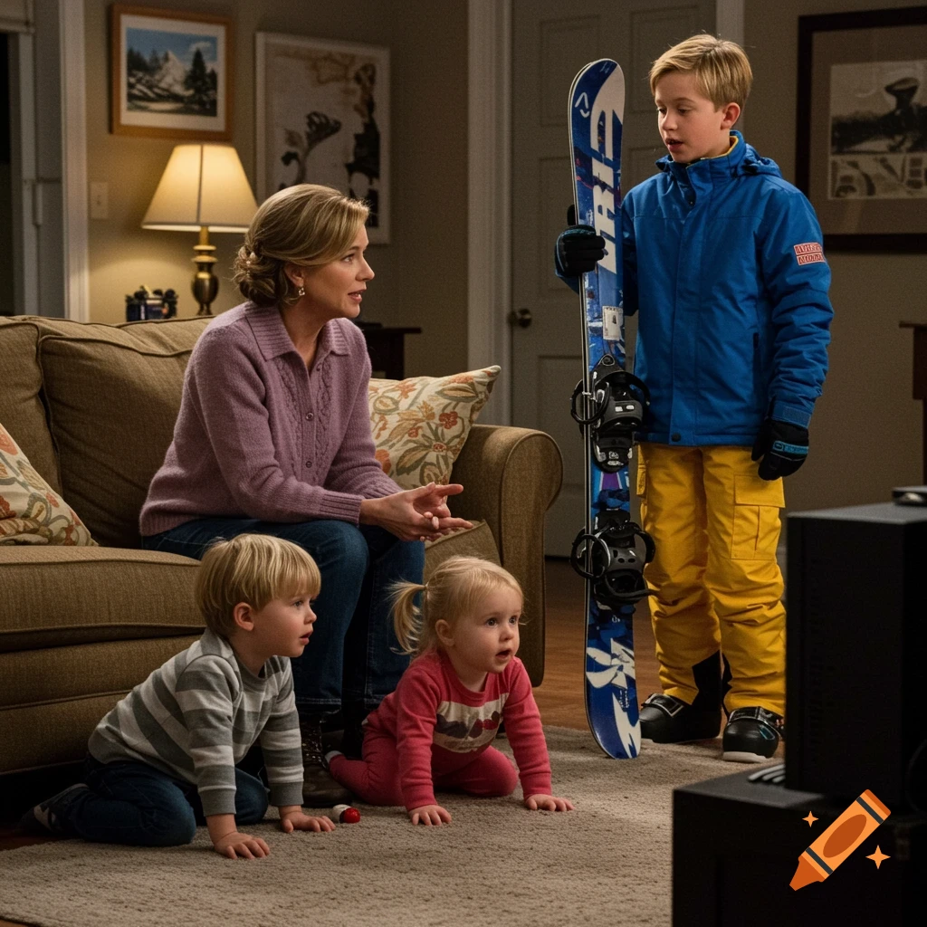 Woman sits on a couch talking to a boy holding skis while two toddlers crawl on the floor.