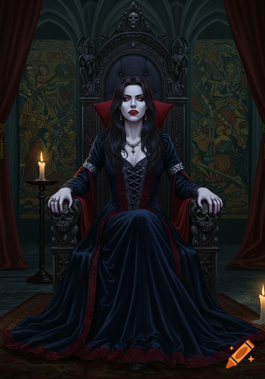 A vampiress with fangs sits on a dark, ornate throne in a gothic castle room.