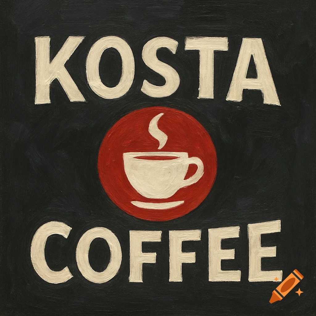 White 'Kosta Coffee' text and a coffee cup in a red circle on a dark textured background, in a painted style.