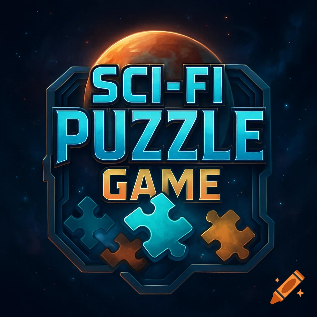 Stylized sci-fi game logo with blue and orange text reading 'SCI-FI PUZZLE GAME', featuring puzzle pieces and a planet in space.