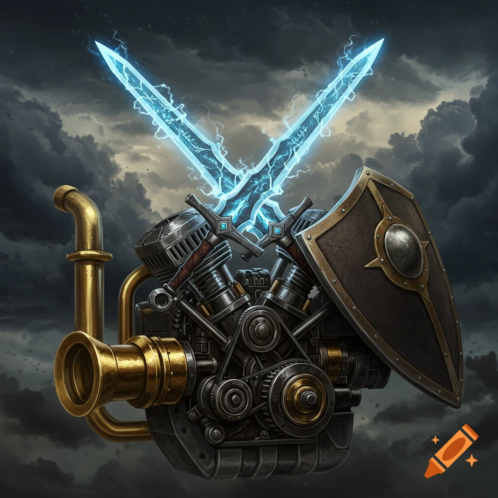 Crossed glowing blue swords and a shield combined with a detailed steampunk-style engine against a stormy sky.