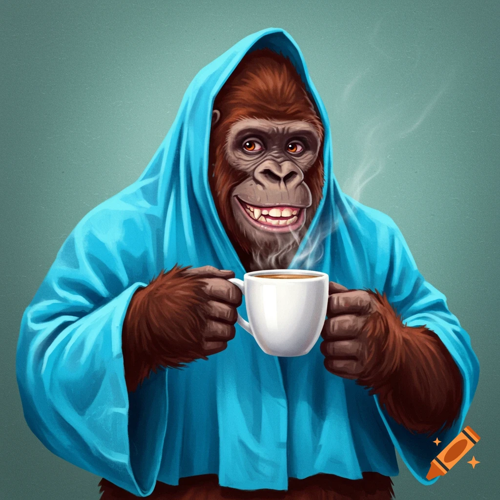 A smiling gorilla wearing a blue hooded robe holds a steaming white coffee mug against a teal background.