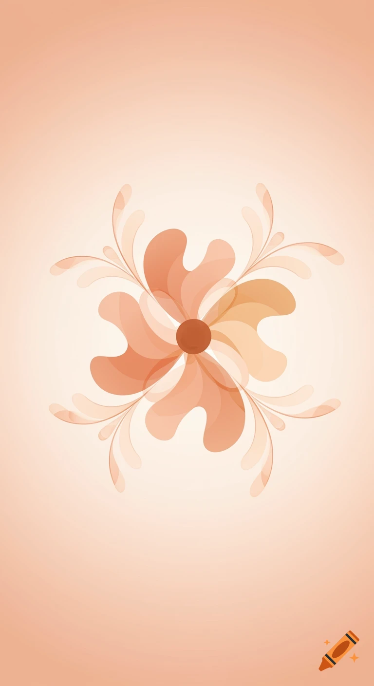 Abstract floral design with interconnected peach and orange translucent shapes on a gradient background.