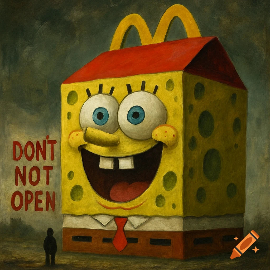 Painterly rendering of a gigantic Spongebob Happy Meal box with 'DON'T NOT OPEN' written on its side, dwarfing a small figure.