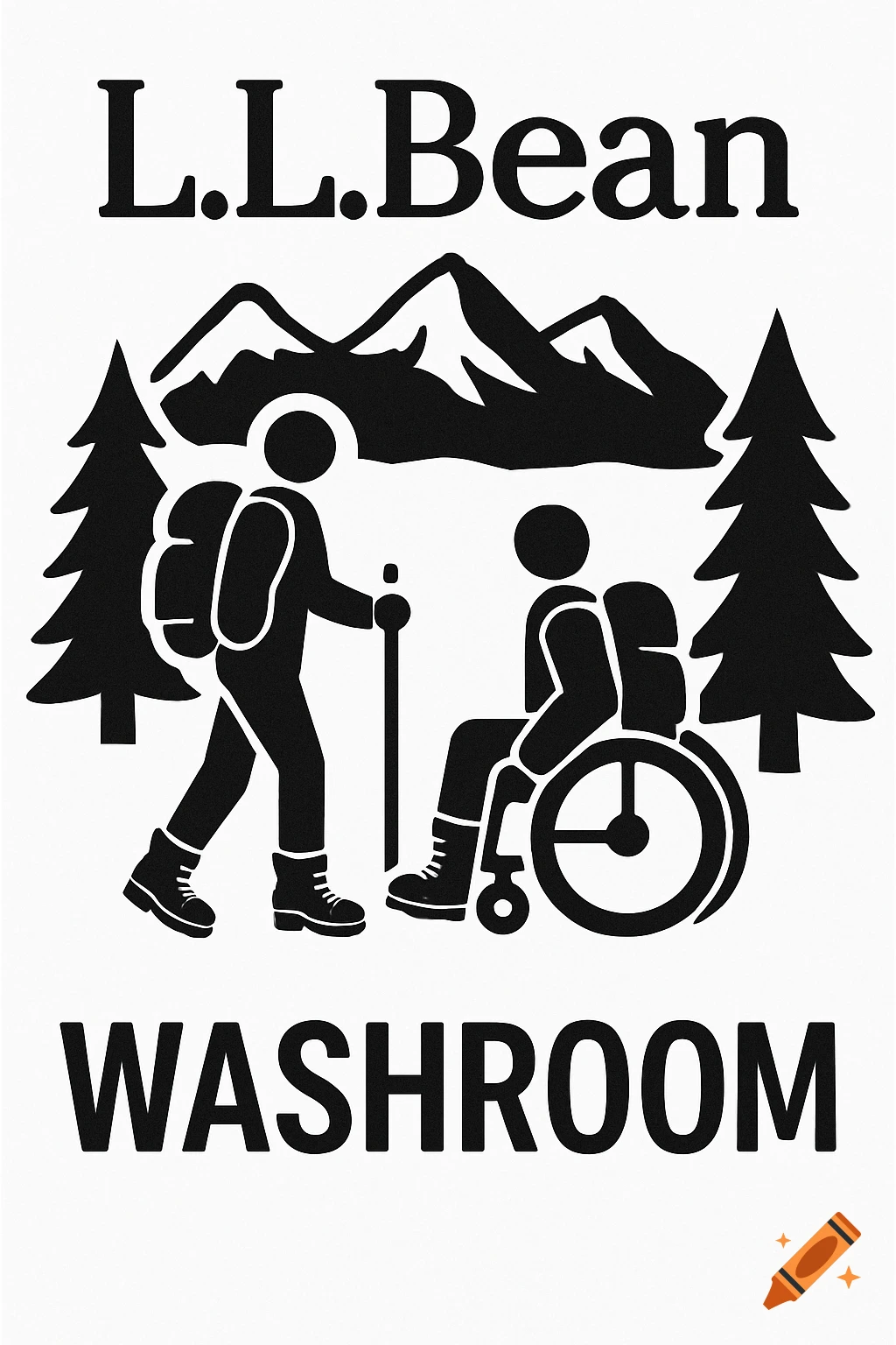 Black and white L.L.Bean washroom sign with silhouettes of a hiker and a person in a wheelchair, mountains, and trees.