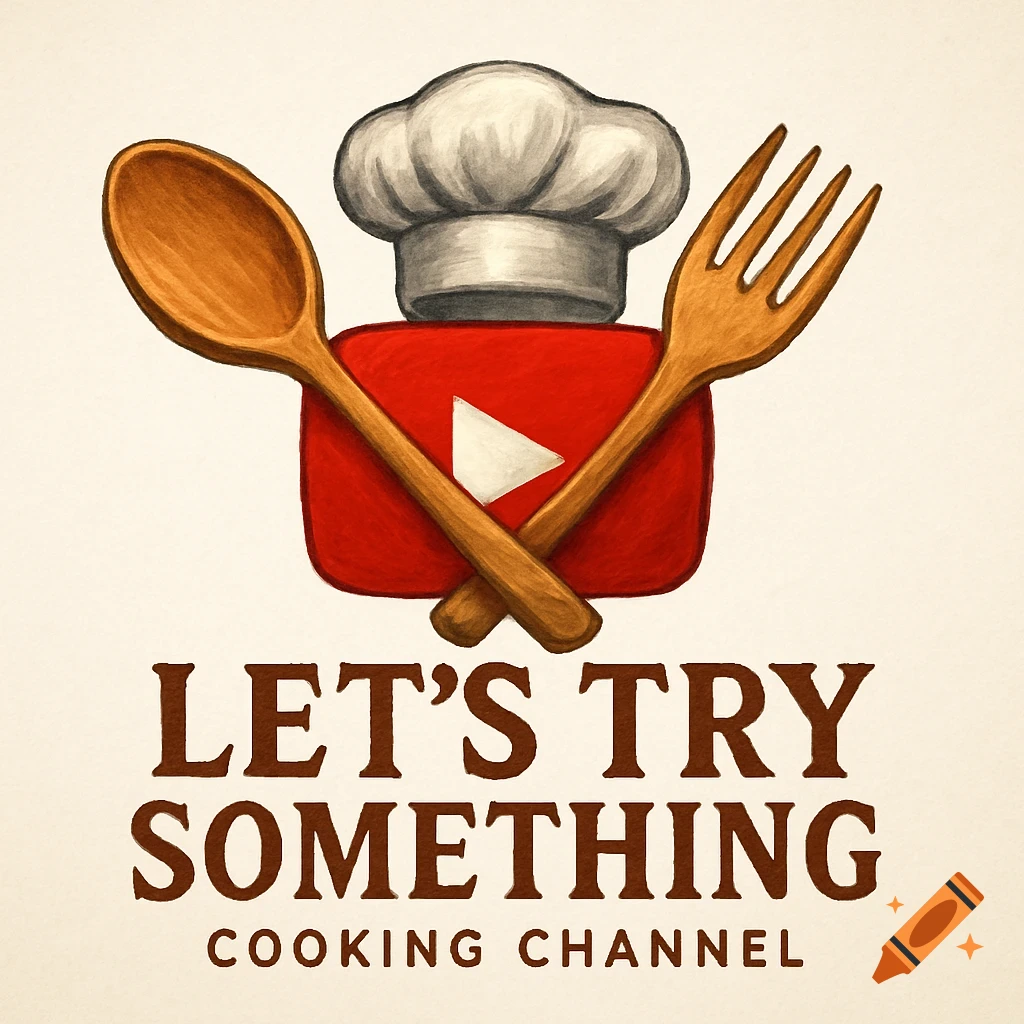 Logo for a cooking channel with a chef hat, crossed spoon and fork, YouTube play button icon, and the text LET'S TRY SOMETHING COOKING CHANNEL.