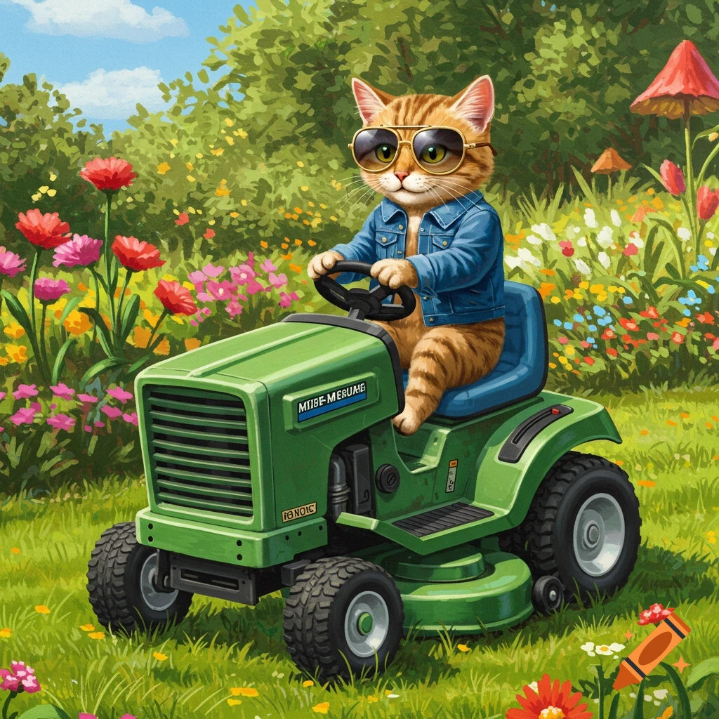 A cartoon ginger cat wearing sunglasses and a denim jacket drives a green lawnmower through a sunny garden.