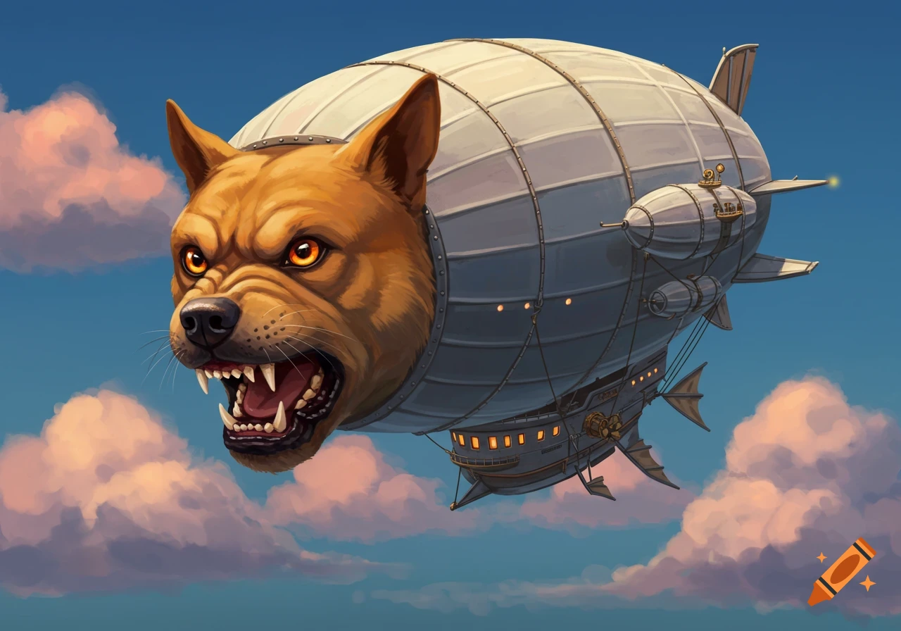 A steampunk-style zeppelin with an angry dog's head fused to the front, flying through a cloudy sky.