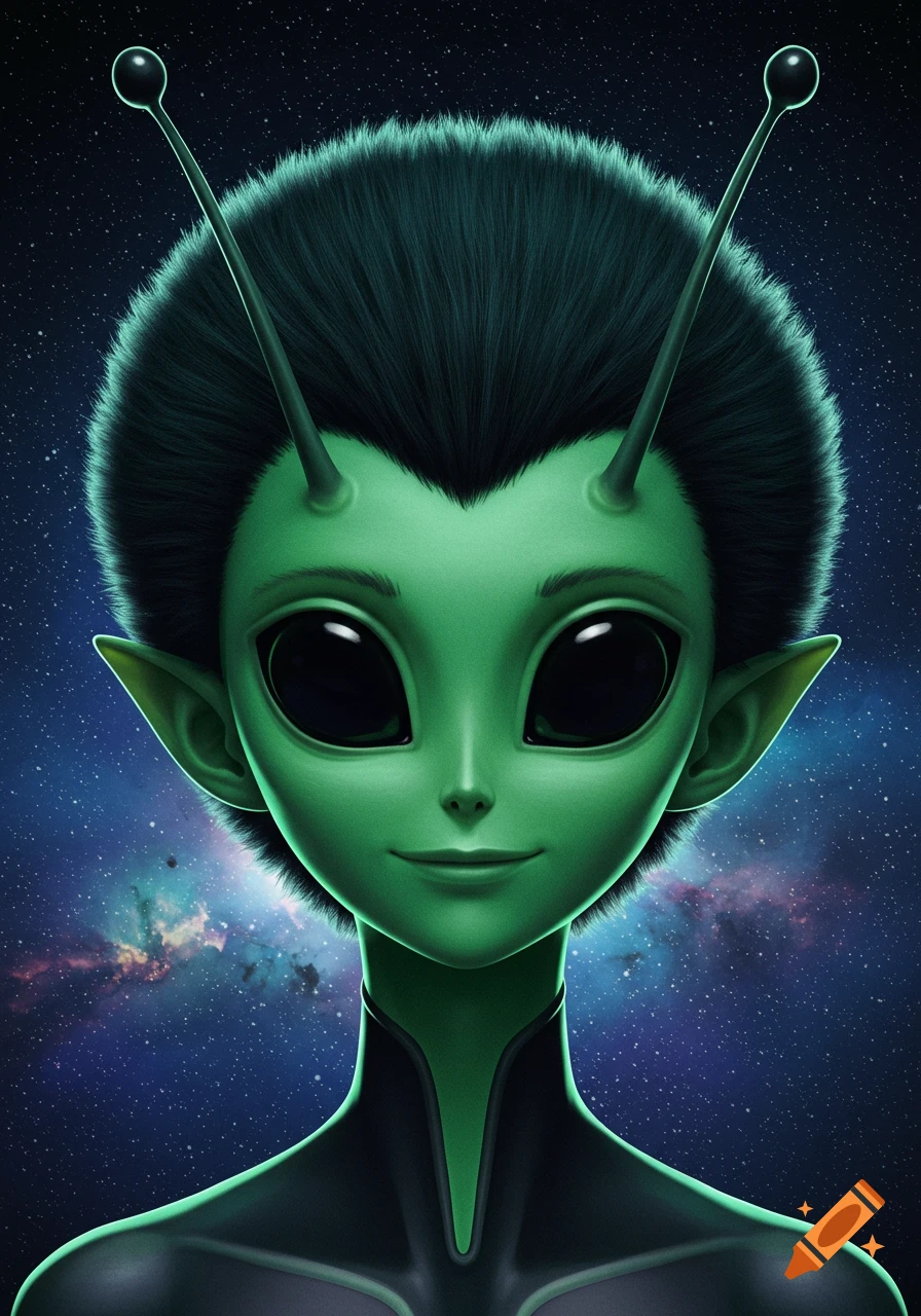 Portrait of a stylized green alien with large black eyes and antennas against a starry space background.