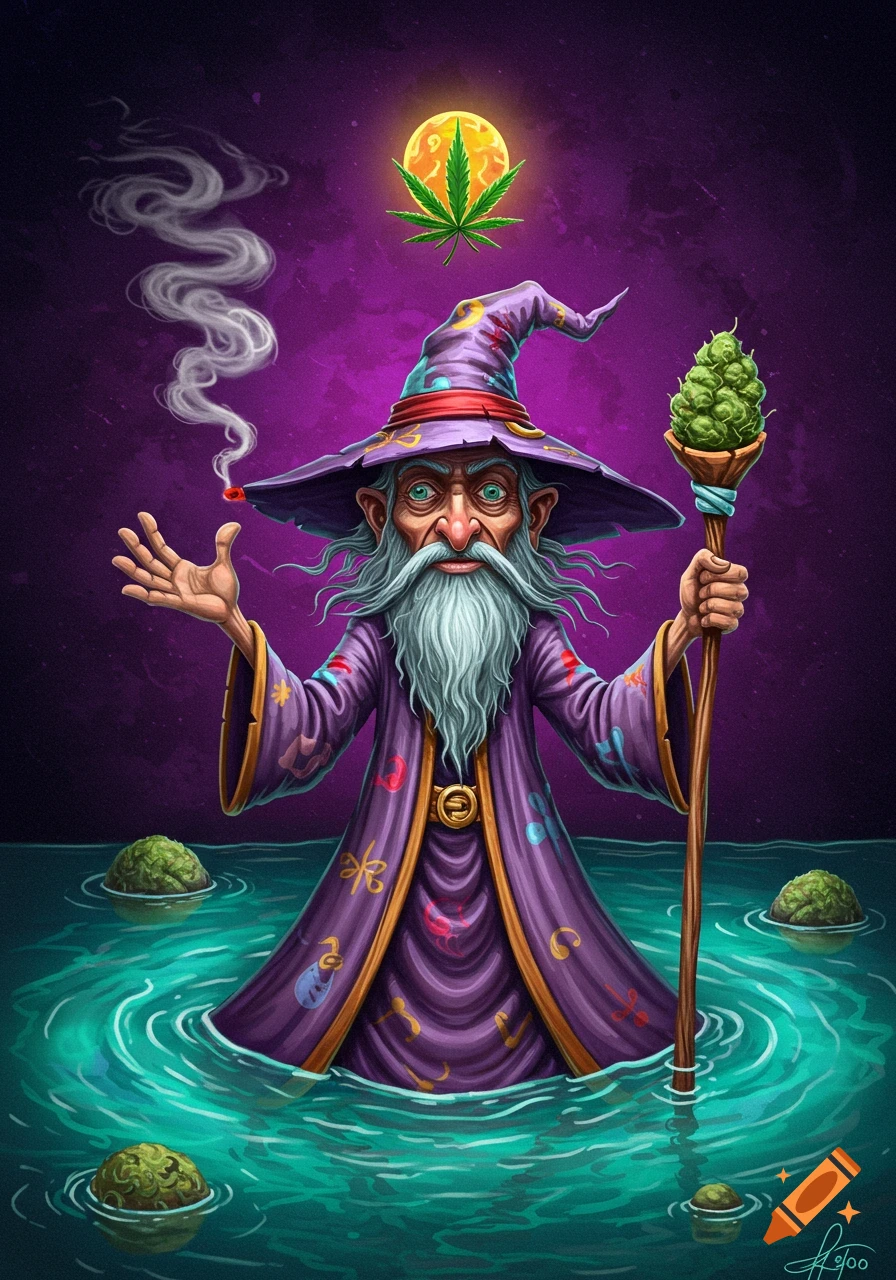 Illustrative wizard smoking a joint, holding a cannabis bud staff, standing in water with floating buds under a marijuana leaf moon.