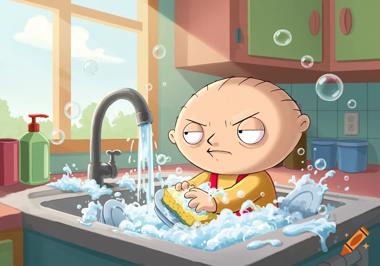 Stewie from Family Guy washes dishes in a sink full of bubbles.