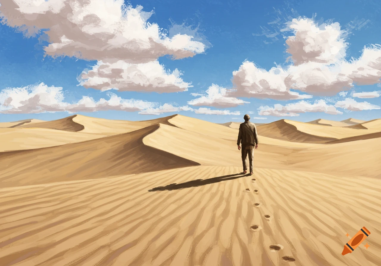 A painting of a lone figure walking across a vast desert with sand dunes under a blue sky with white clouds.