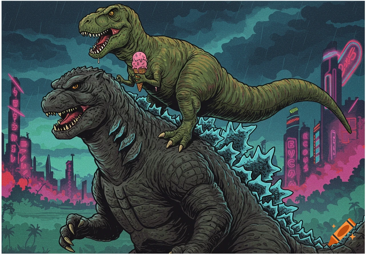 Illustration of a T-Rex riding Godzilla's back while eating ice cream over a neon city background.